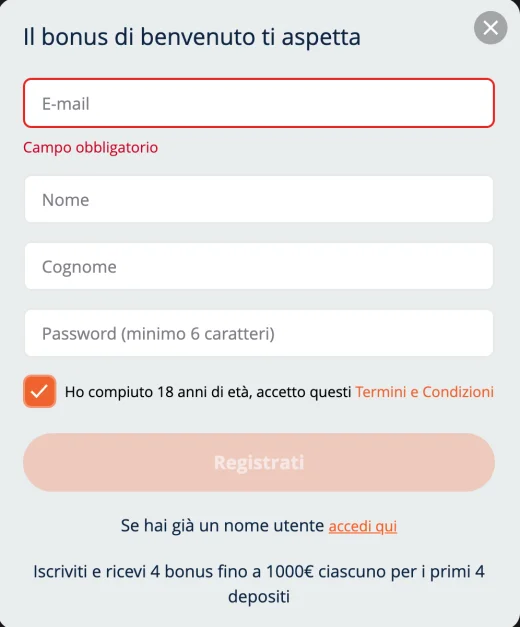 Schermata di registrazione Alpino